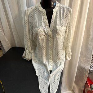 Candie's Womens Polka Dot Button Blouse  Roll Tab Sleeve Lace Back  Tie Front.